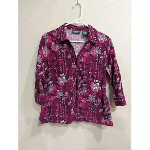 Courteroy fuscia floral top w/sinched sides button up  collared blouse petite L